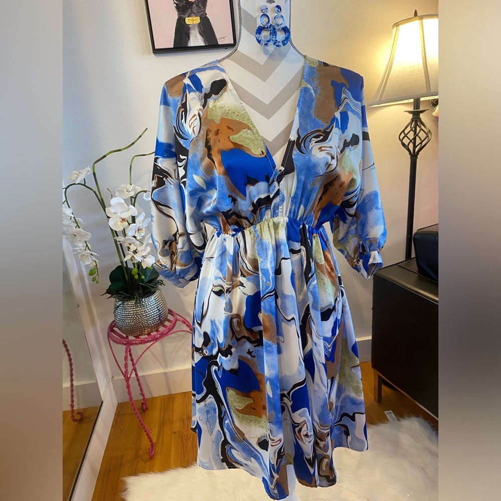 Blue Multi Satin Abstract V Neck Dress